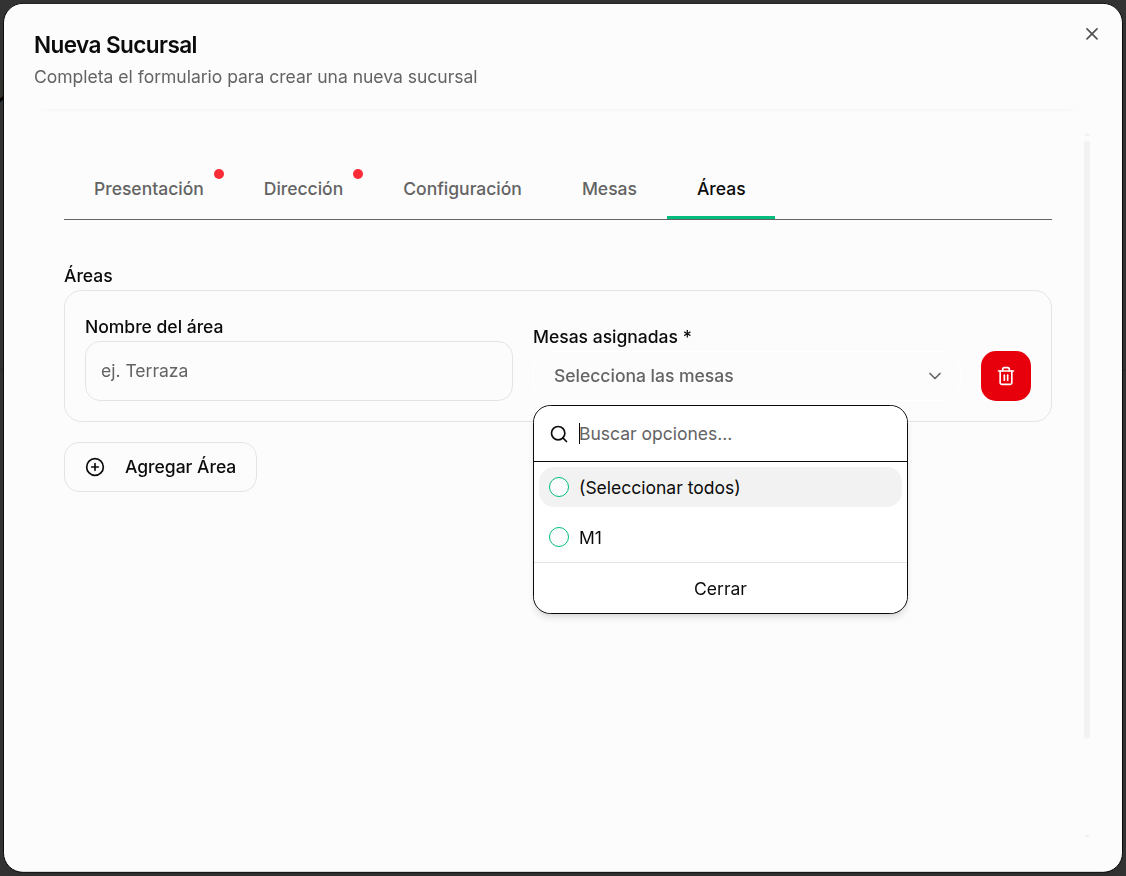 Pestaña de Configuración de Áreas