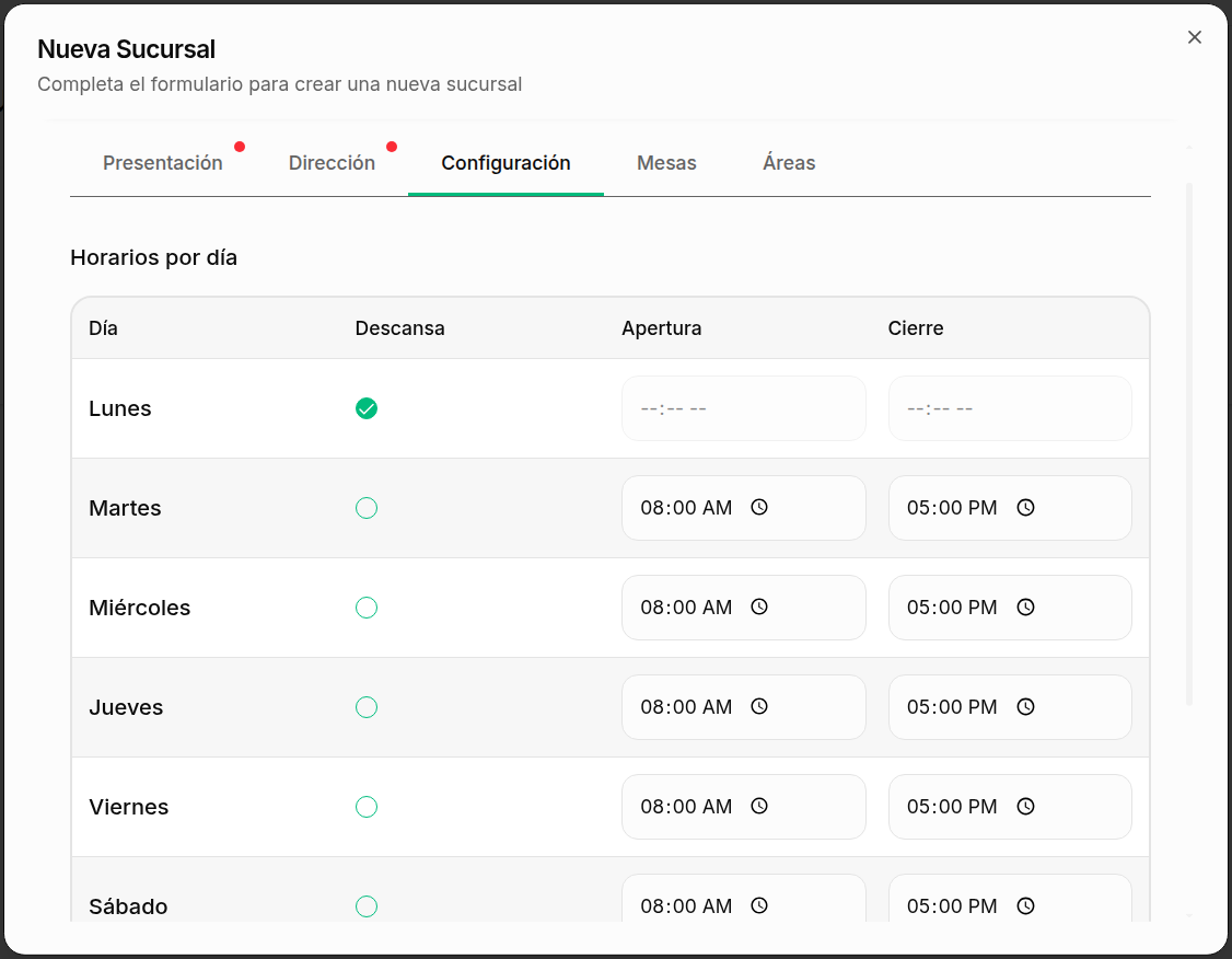 Pestaña de Configuración de Horarios