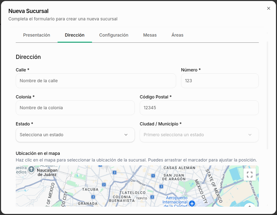 Pestaña de Dirección