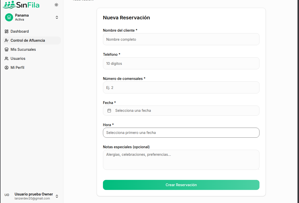 Formulario de nueva reservación