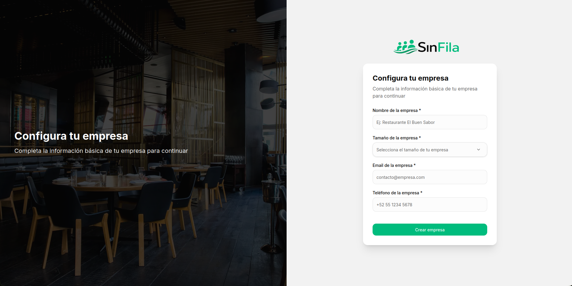Formulario de creación de empresa