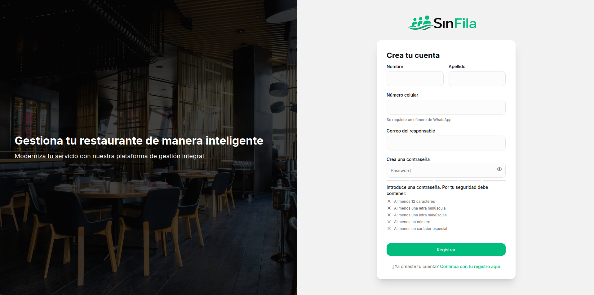 Pantalla de creación de cuenta
