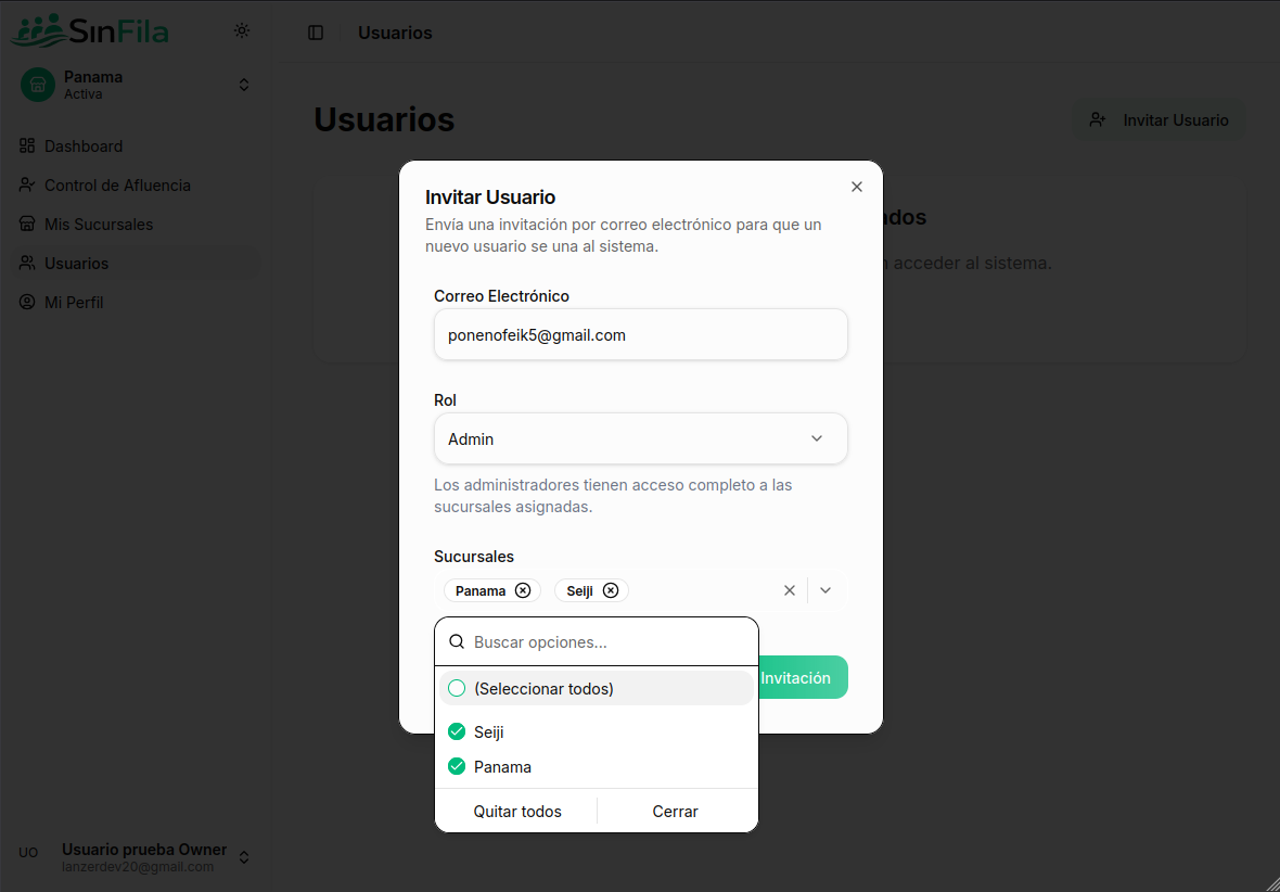 Modal de invitación de usuario